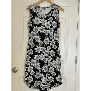 T By Talbots Black White Floral Drawstring Sleeveless Dress Size SP Pockets